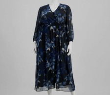 Signature by Robbie Bee Women's Blue Floral V-Neck Self-Tie Dress Plus Size 20W