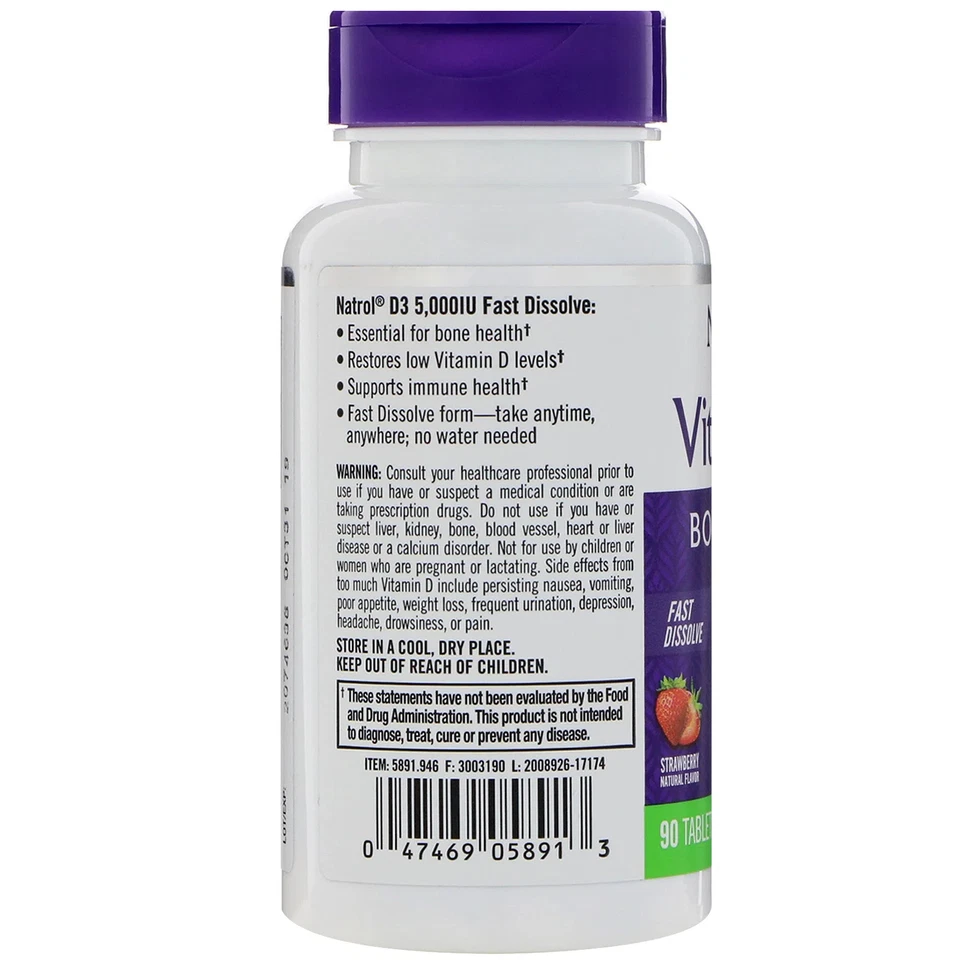 Vitamina D3, Fresa, 5.000 UI, 90 Comprimidos Foto 3 de 3