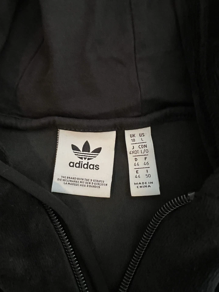 ADIDAS Negro Terciopelo Recortado Mujer Grande 3 Rayas Cremallera Sudadera con Capucha Trifolio Foto 4 de 4