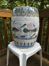 Vintage Lily Pad Motif 18” Ceramic Garden Stool, Multicolor Blue, Green & Pink