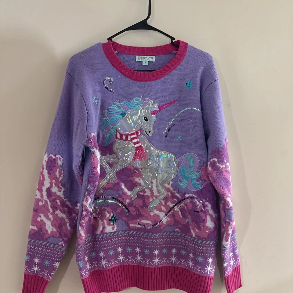 Holiday Hype Unicorn Christmas Sweater - Purple & Pink, Sequin Embellished, S - Image 2 of 4