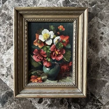 Vintage Mini Still Life Print Bouquet Flowers Ornate Frame Cottagecore Wall Art