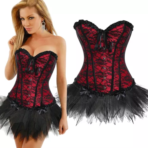 Ladies Lace Strapless Up Burlesque Corset Fancy Dress Costume Overbust Top&Tutu - Picture 29 of 31