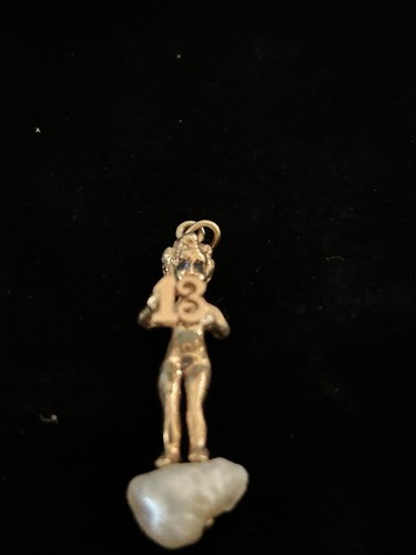 Vintage Ruser 14k Gold Angel Cherub with “13” Pearl Pendant