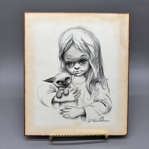 Ozz Franca Big Eyes Girl Cat Art Plaque Lorrie Vintage 1960s Mid Century Print - 第 1/10 張圖片