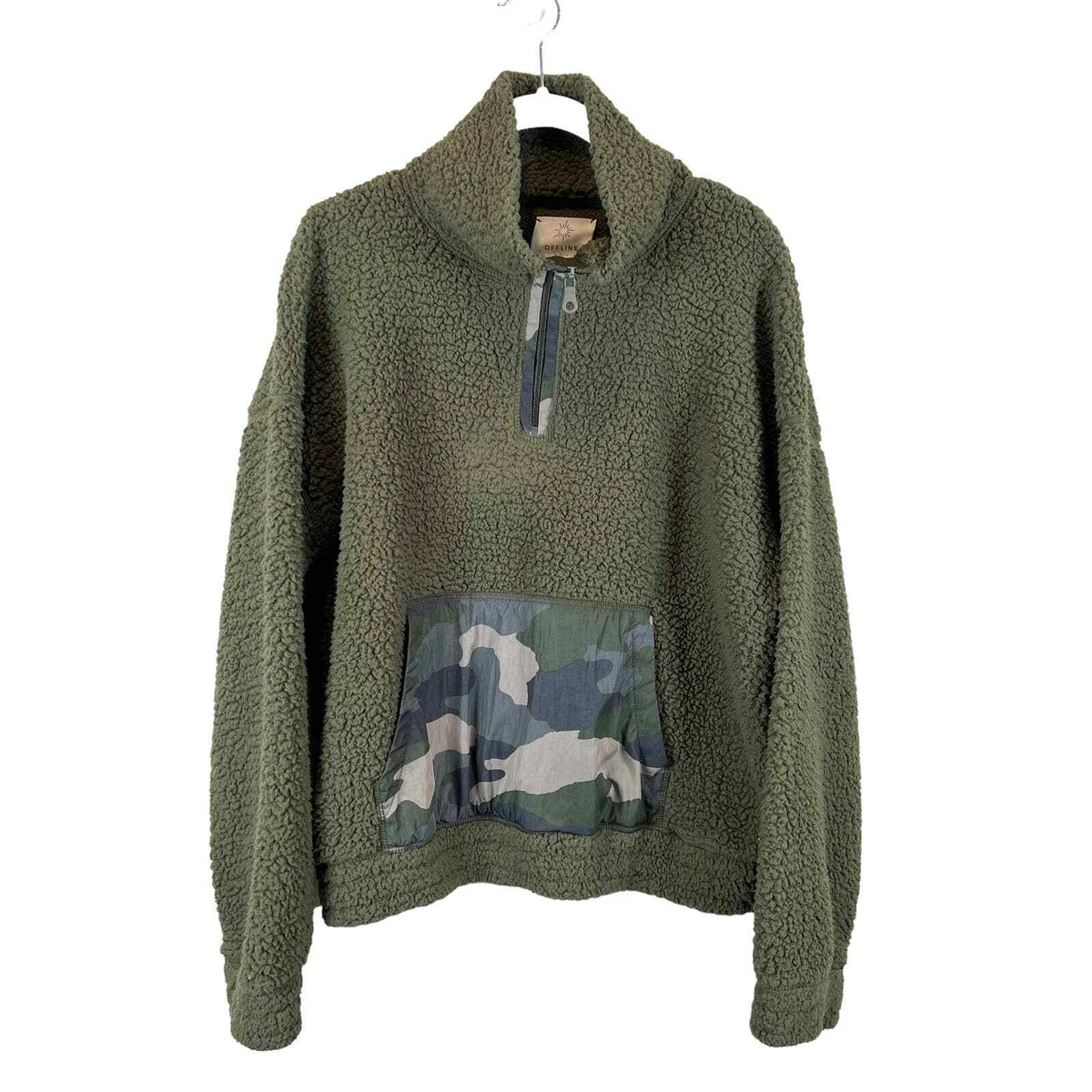 OFFLINE By Aerie Fluffy Sherpa Quarter Zip Sweatshirt Green Camo Women s M