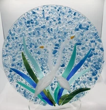 Studio Fused Glass Mosaic 12” Plate And Stand White Birds/Reed Plants Handmade