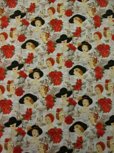 FRENCH LADIES IN RED ROSES PARIS EIFFEL TOWER COTTON FABRIC FQ - Picture 3 of 6