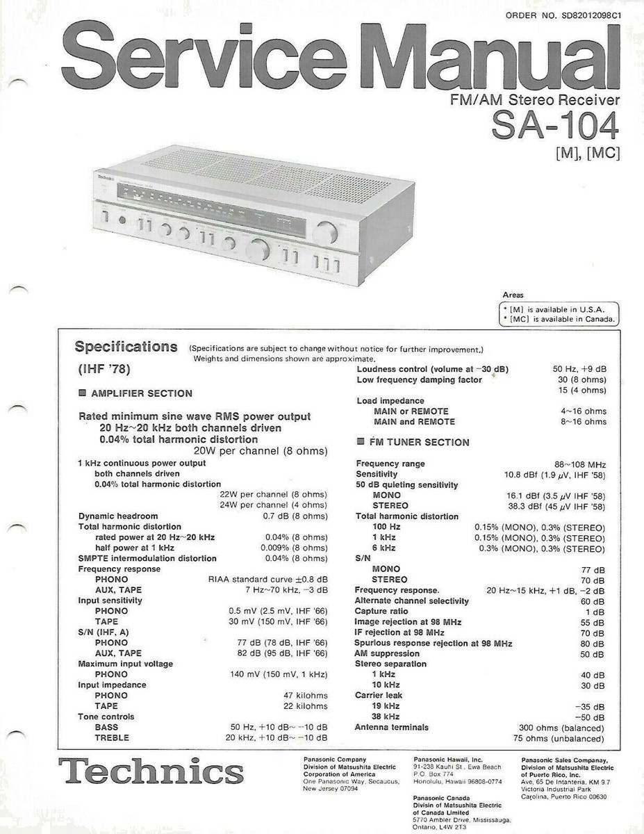 TECHNICS SA-104 Stereo Receiver FACTORY SERVICE MANUAL