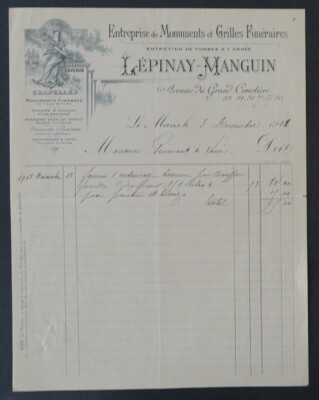 Invoice LE MANS 1912 LEPINAY MANGUIN FUNERARY MONUMENT illustrated header 44