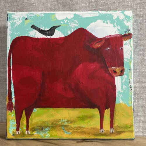 Red Cow Crow OOAK Folk Art Woodland  8 X 8” Canvas By Annette Harford - Picture 1 of 10
