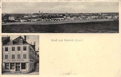 Postcard greetings from Remich (Lux.) restaurant and butcher shop him. Haas-Kieffer pre 1945