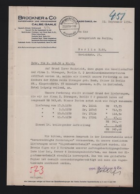 CALBE/SAALE, Brief 1938, Brückner & Co. Papier-Fabrik Mühlenwerke