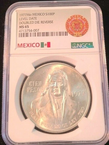 1977 MEXICO SILVER 100 PESOS S100P DOUBLED DIE REVERSE NGC MS 65 SCARCE GEM BU