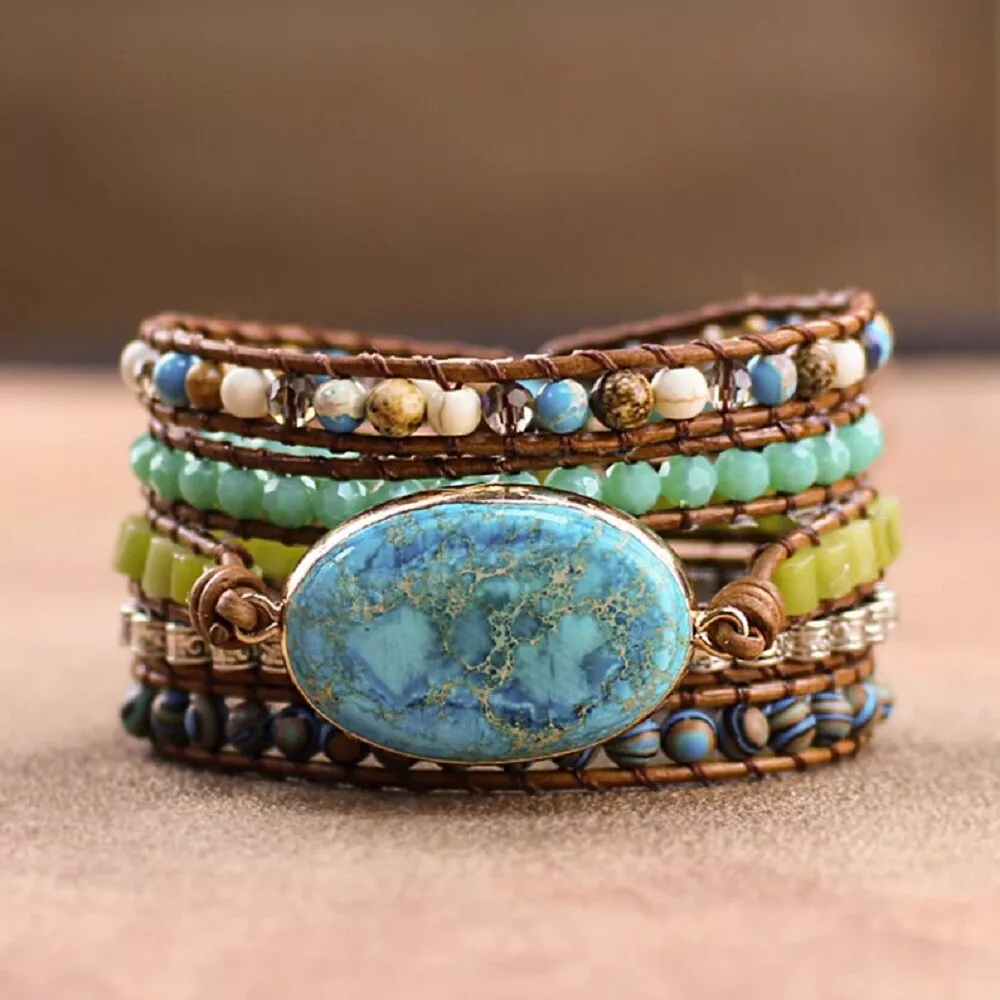 Natural Turquoise Amazonite Jasper Stone Beaded Bracelet Leather Wrap Bracelet