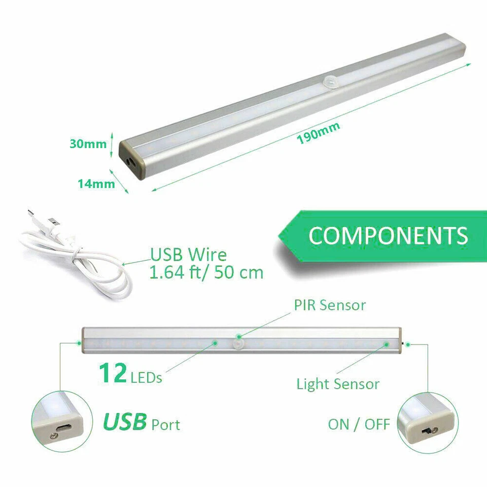 Super Bright Rechargeable Light Wireless LED Motion Sensor Closet Wall Wardrobe - Image 3 of 4