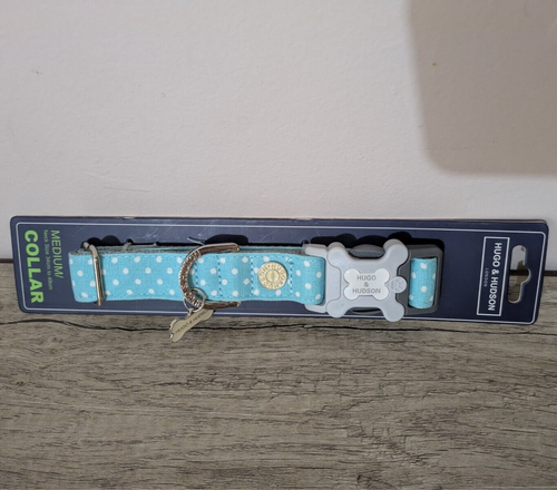 Hugo & Hudson Dog Collar Blue Polka Dots with Bone Charm Size Medium Brand New