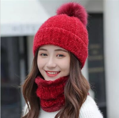 Women Beanies Hat And Scarf Set Red Color
