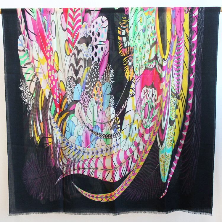 Sallys Cashmere Thin Oblong Scarf Wrap Shawl Feather Print Soft Delicate 78