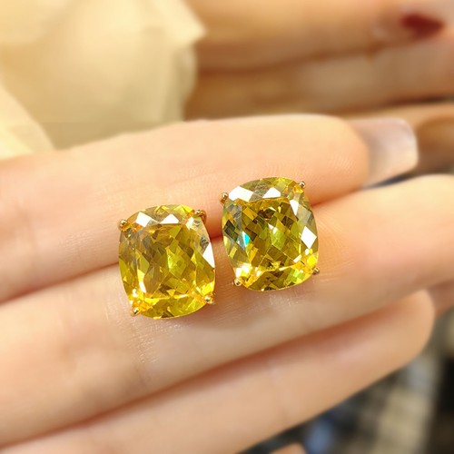 New 12mm High Carbon Nest Cut Yellow Citrine Gems Charm Women Gold Stud Earring - Picture 2 of 6
