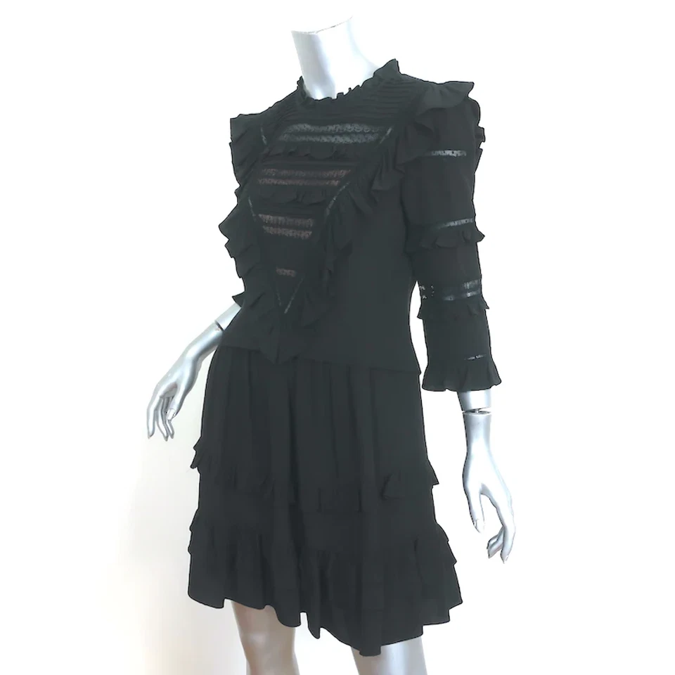 Rebecca Taylor Mini Dress Black Lace-Trim Ruffled Silk Size 6 - Image 3 of 4