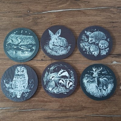 6 x Runde Untersetzer Walisisch Schiefer Eule Dachs Hirsch Igel Kaninchen Ente Filzrücken