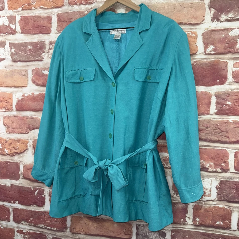 Chaqueta Silk Assets Diane von Furstenberg para mujer 2X verde azulado forrada con cinturón lino de seda Foto 3 de 4