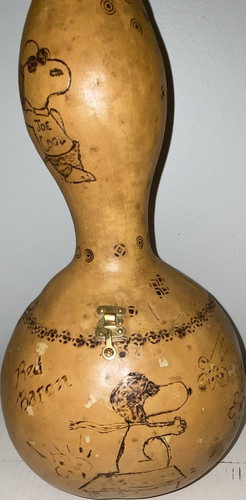 Handmade Brown Pyrography Gourd Hinged Lidded Box w/ Snoopy & Woodstock