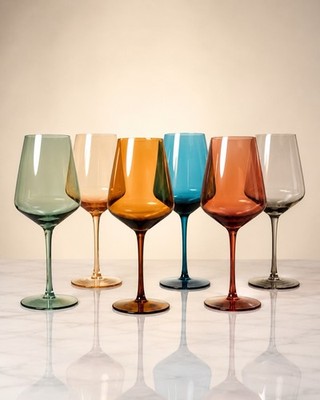 Set Of 6 Wine Glasses Hand Blown Assorted Jewel Tone Colors Glass, 2.5x9.25''