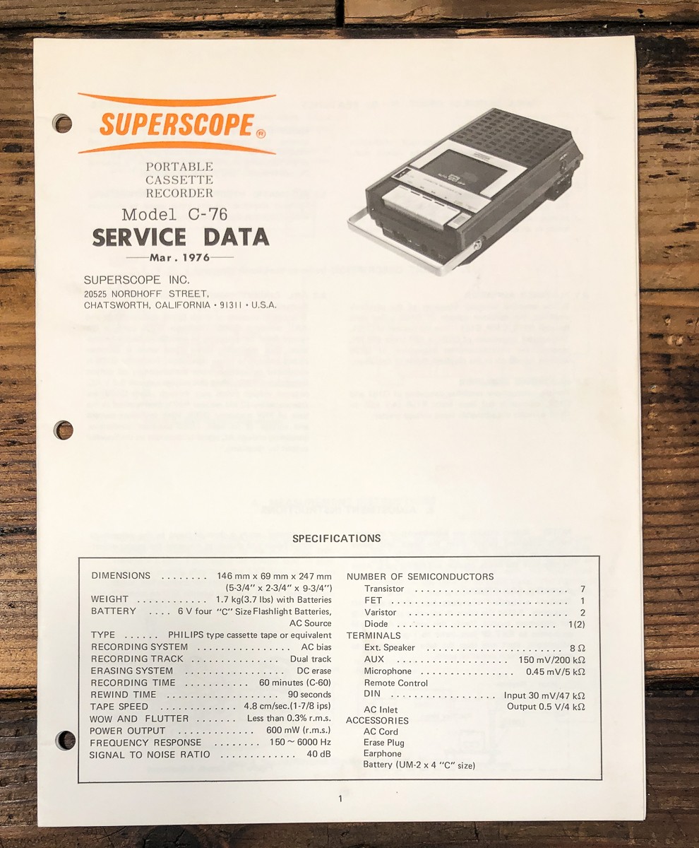 Superscope C-76 Cassette Service Manual *Original*