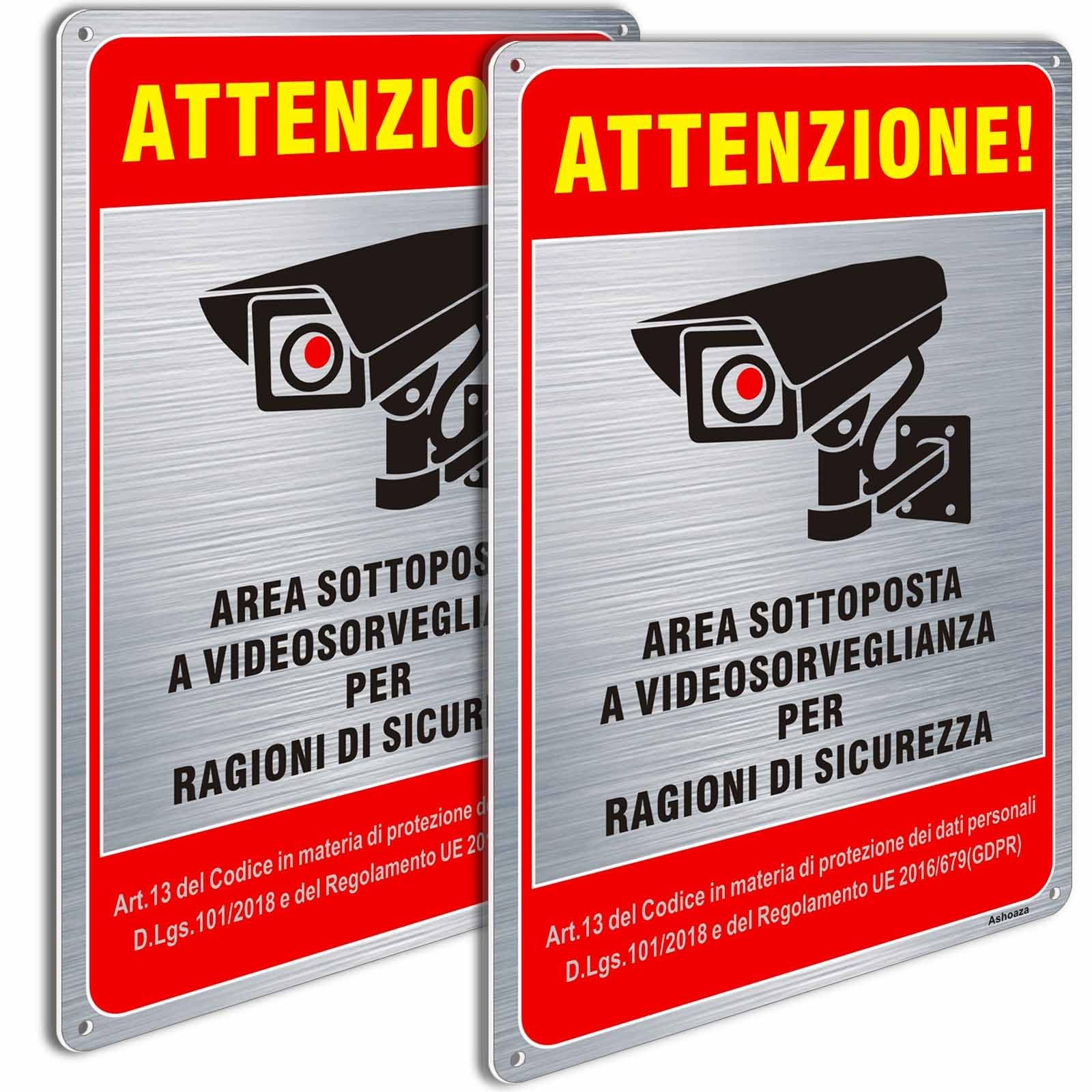 Migliora la tua Privacy con 2 Cartelli Ashoaza Alluminio Videosorveglianza