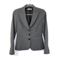 T Tahari Blazer Womens Petite Sz 0P Grey 3 Button Peak Lapel Viscos Blend Jacket