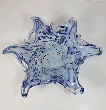 VINTAGE MURANO LAVORAZIONE GLASS BOWL Large Star Blue White 33cm 13" Hand Made