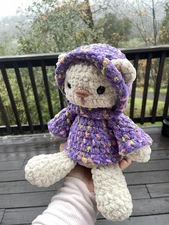Soft Yarn Handmade Crochet Amigurumi Purple Hooded Bear Plush Stuffed Animal 8”