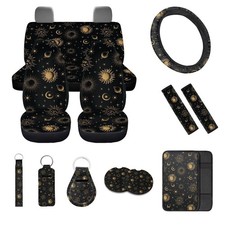 Gold Moon Starry Print Car Seat Cover Full Set,Steering Wheel Cover Armrest C...