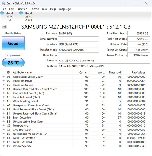 Samsung PM871 512GB SATA 2,5" SSD MZ7LN512HCHP-000L1 - Guter Zustand
