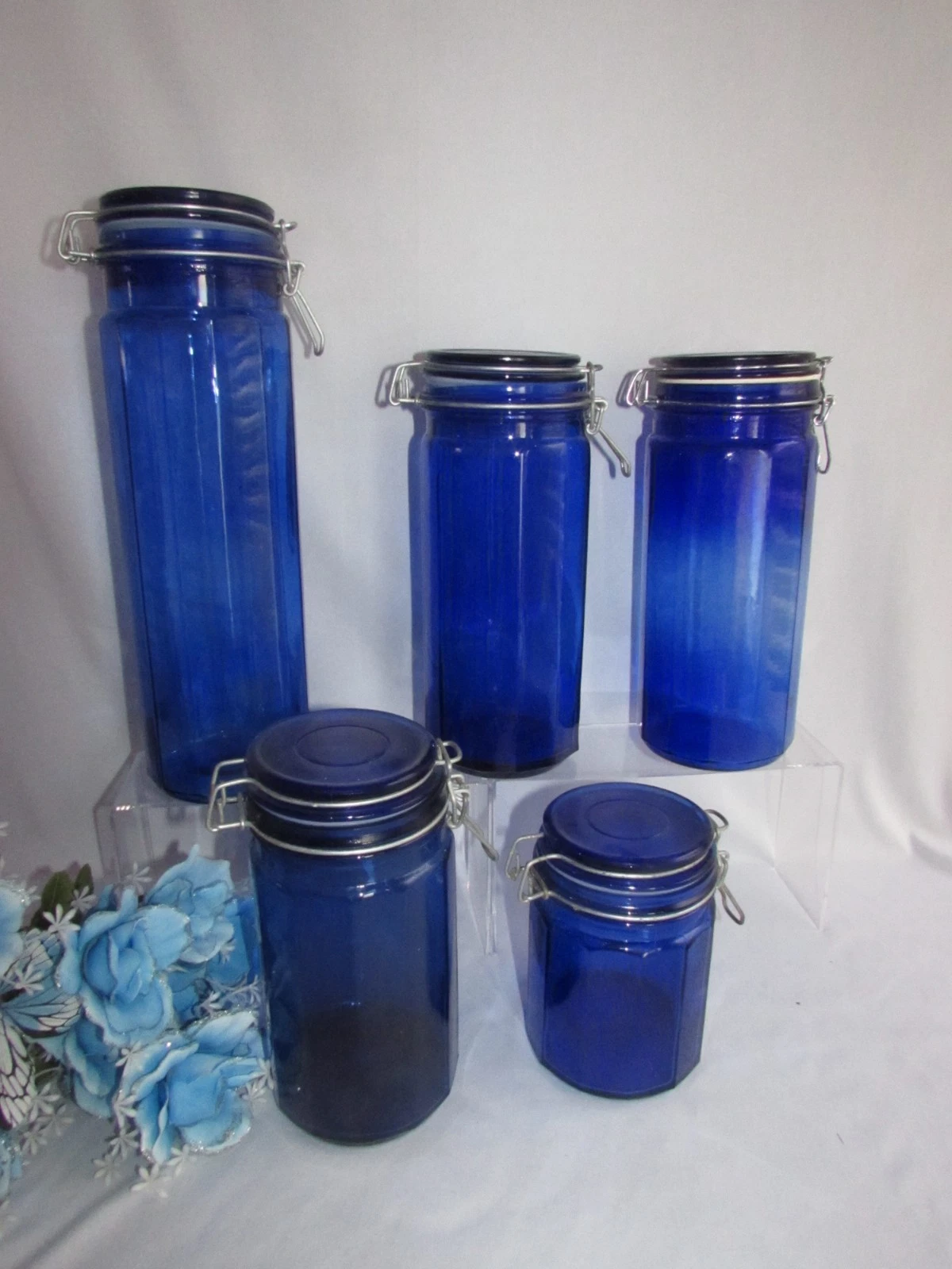 5 COBALT BLUE GLASS 12-PANEL CANISTER JARS WIRE BALE CLOSURES WITH RUBBER SEALS