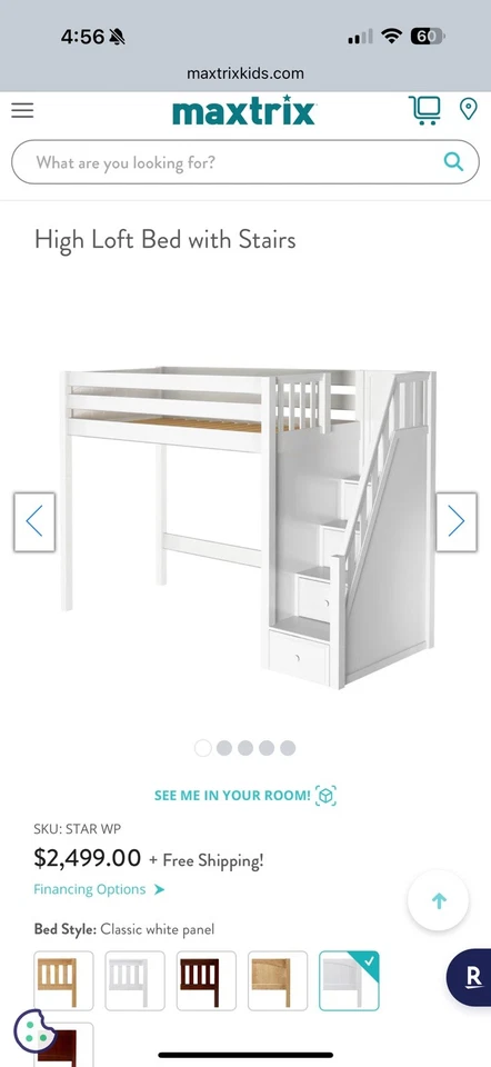 Cama tipo loft doble Maxtrix blanca con 4 escaleras de almacenamiento, escritorio, silla, estante y colchón Foto 2 de 4