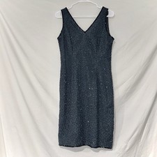 Beaded Dark Gray Cocktail Evening Sheath Dress JMD Vintage 90s Romantic V Neck S