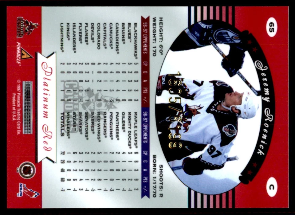1997-98 Pinnacle Totally Certified #65 Jeremy Roenick Platinum Red /6199 - Image 2 of 2