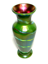 7" Lundberg Studios Iridescent Green Signed Small Art Glass Vase 2002