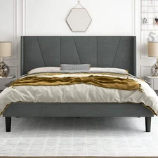 King Size Upholstered Platform Bed Frame with Geometric Wingback Headboard, Grey