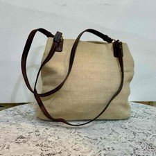 Beige Canvas Shoulder Bag with Brown Leather Shoulder Strap