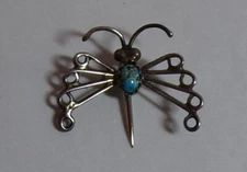 vintage Navajo handmade sterling silver and turquoise butterfly hat or lapel pin
