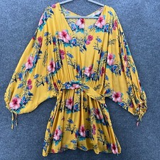 UMGEE Dress Small Yellow Floral V-Neck Dolman Sleeves Peasant Beachy Festival