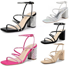 Women Square Open Toe Ankle Strap Chunky Block Heel Sandals Dress Shoes