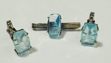 RETRO STERLING SILVER CUFFLINKS  TIE CLIP PAGODA CUT BLUE GLASS JAPAN AS-IS
