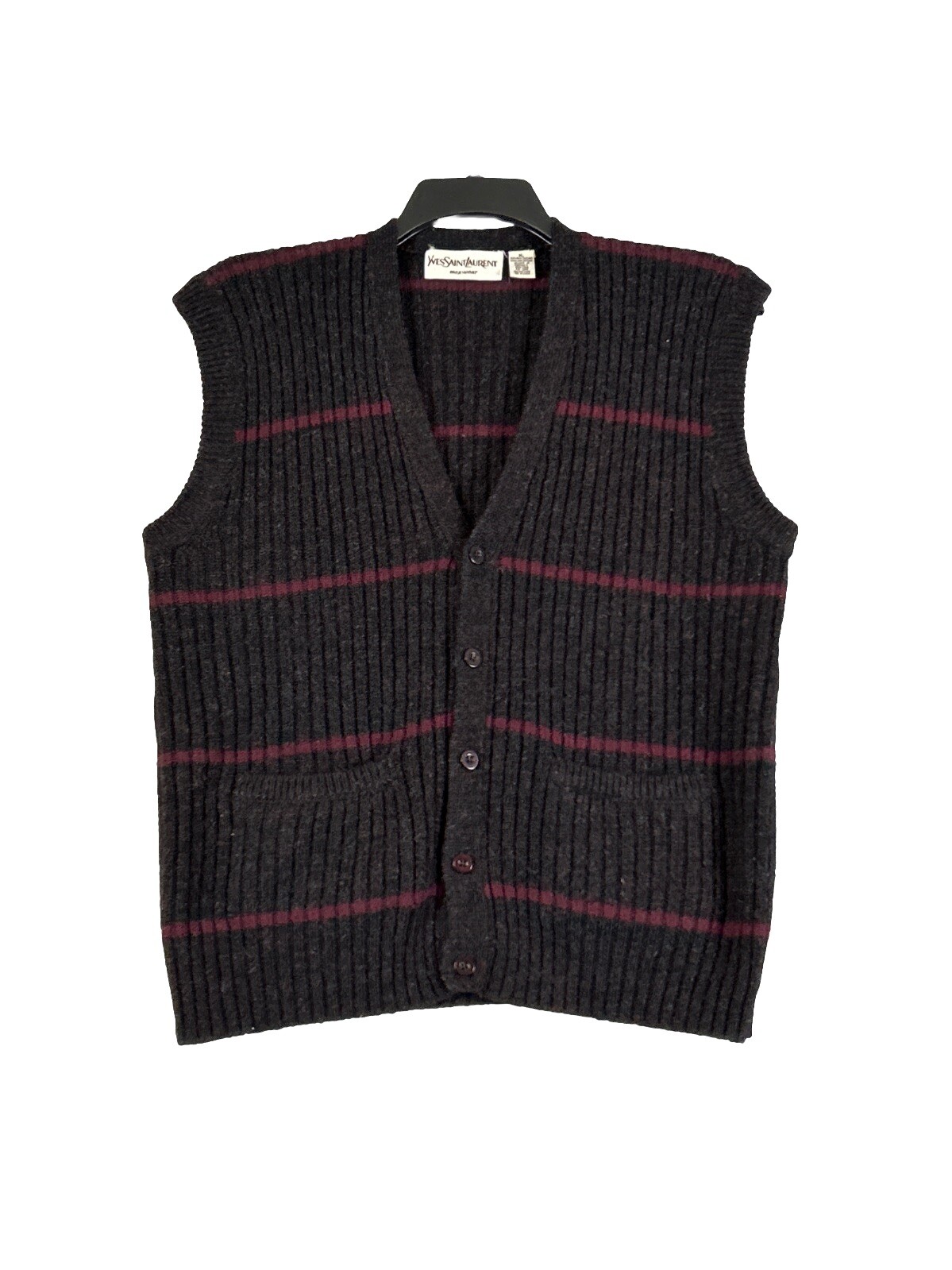 Gilet vintage uomo Yves Saint Laurent lana bottoni davanti nero marrone righe x