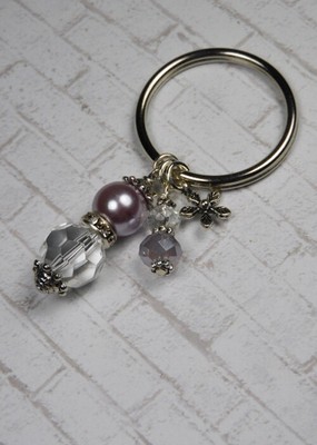 Flower Glass Crystal Rhinestone Beaded Handmade Split Ring Keychain Purple New