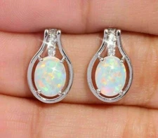 18K White Gold Finish 4Ct Oval Cut Fire Opal Push Back Solitaire Stud Earrings